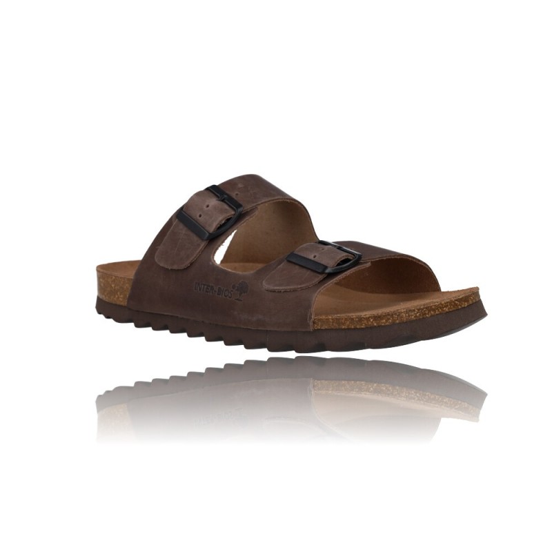Chanclas De Piel Interbios 9560 - Doble Hebilla Ajustable, Suela De Corcho Y Goma, Hechas En España