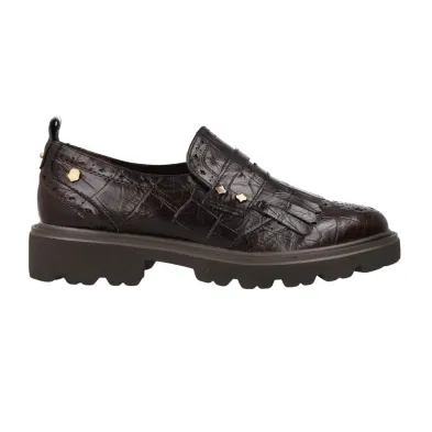 Carmela 164359 Women's Croc-Effect Leather Fringed Loafers Brown