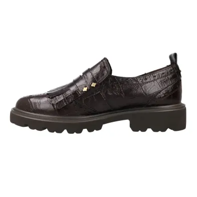 Carmela 164359 Women's Croc-Effect Leather Fringed Loafers Brown