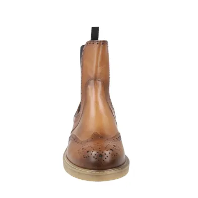 Luis Gonzalo 5685M3 Leather Brogue Chelsea Ankle Boots Women Low Heel Tan