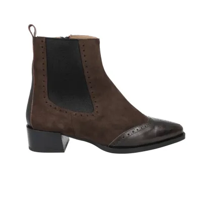 Dansi 8717A Stivaletti Chelsea Donna Camoscio Pelle Brogue Tacco Basso Mogano