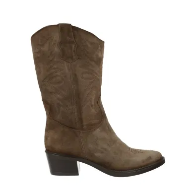 Viguera 8024 Botas Camperas Tejanas Piel Ante Bordadas Mujer Testa Tabac