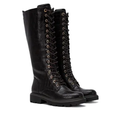 Carmela 164358 Bottes Rangers Hautes Cuir Effet Croco Lacets Zip Femme Marron