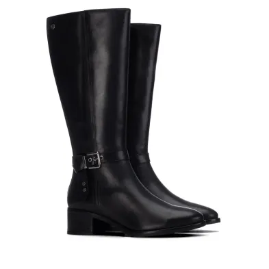 Carmela 164164 Leather Knee-High Boots Side Buckle Block Heel Women Black Brown