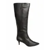 Barminton 17090 Black Leather Knee-High Boots Kitten Heel Pointed Toe Women
