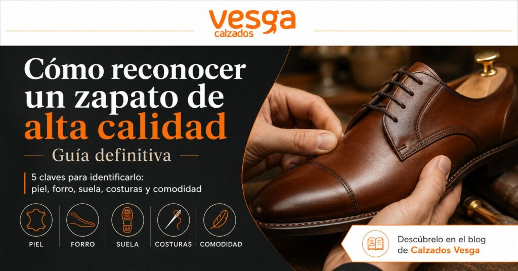 Imagen promocional del artículo de Calzados Vesga sobre cómo reconocer un zapato de alta calidad, con un zapato de piel marrón examinado a mano y cinco claves: piel, forro, suela, costuras y comodidad.