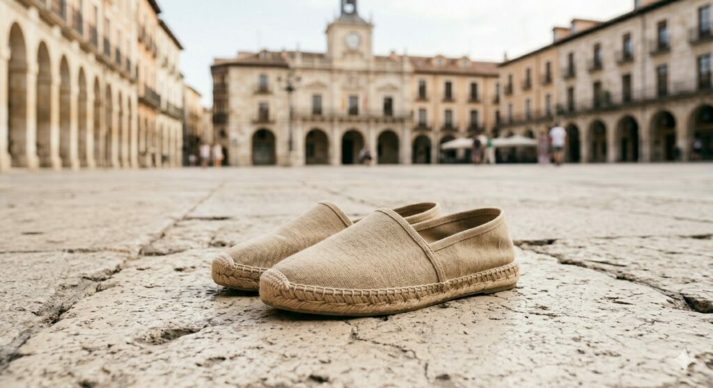 Calzados Vesga Burgos Par de alpargatas planas de esparto limpias sobre superficie de piedra de Plaza Mayor Burgos