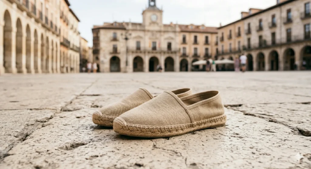 Par de alpargatas planas de esparto limpias sobre superficie de piedra de Plaza Mayor Burgos