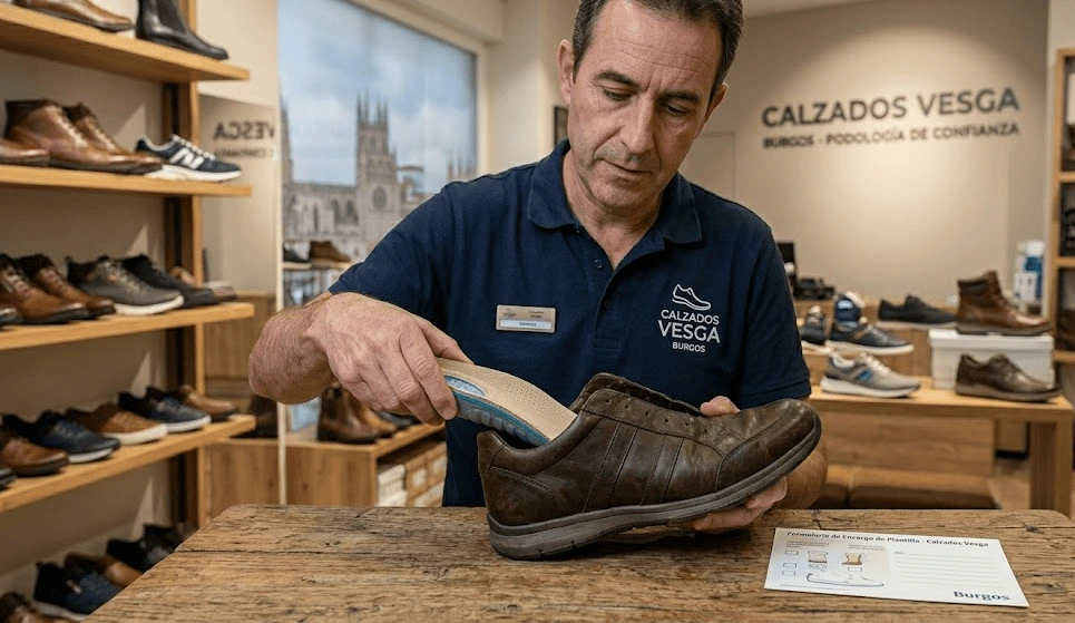 Asesor de Calzados Vesga comprobando compatibilidad de plantilla ortopédica con zapato en tienda de Burgos