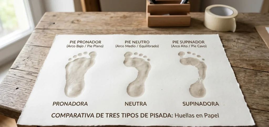 Comparativa de pisadas Comparativa de tres tipos de pisada: pronadora, supinadora y neutra con huellas en papel