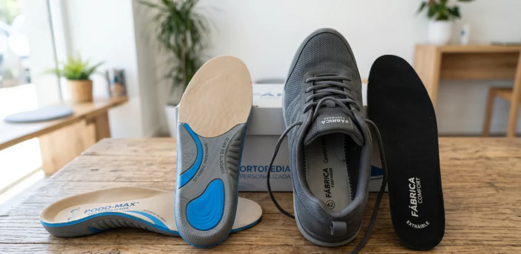 Plantilla ortopédica personalizada junto al zapato con plantilla extraíble de fábrica