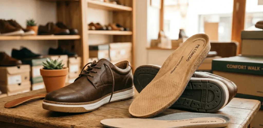 Zapato con plantilla extraíble parcialmente retirada mostrando la base interna del calzado
