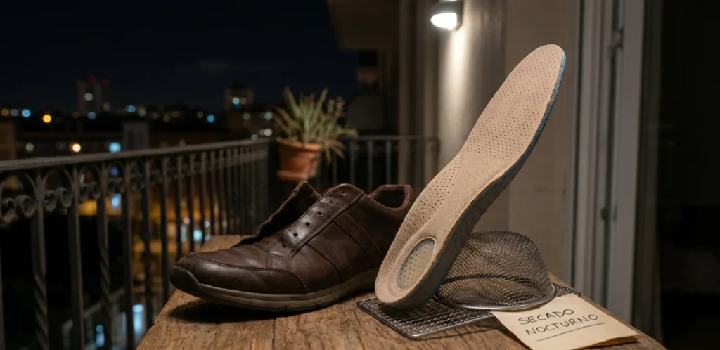 Plantilla de calzado ventilando fuera del zapato para secado nocturno