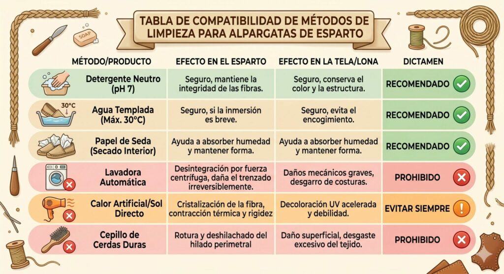 Tabla de compatibilidad de métodos de limpieza para alpargatas de esparto