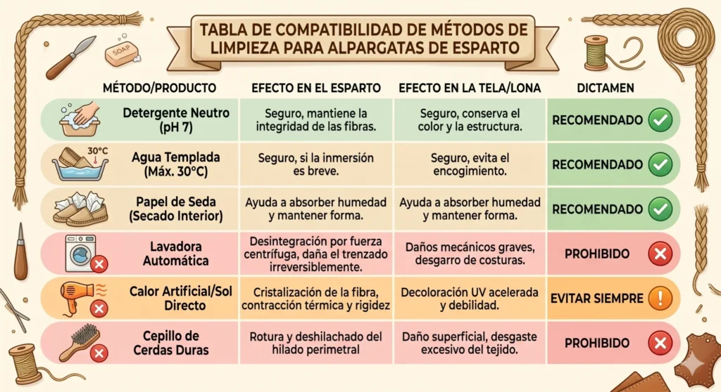 Tabla de compatibilidad de métodos de limpieza para alpargatas de esparto