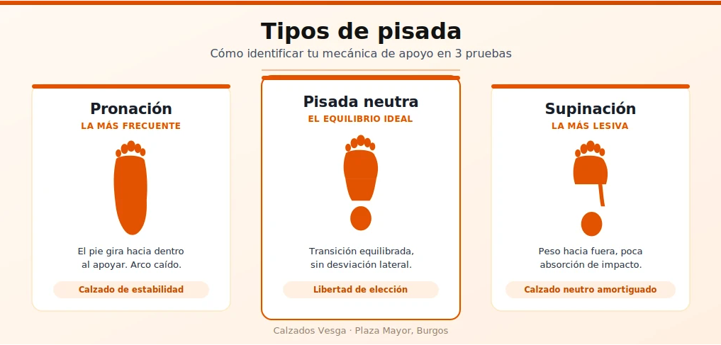 Infografía de los tres tipos de pisada: pronadora, supinadora y neutra